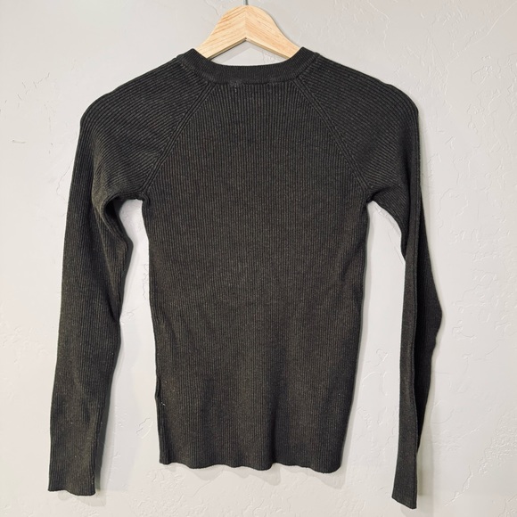 Ribbed Sweater Button-Trim Cotton-Blend Knit Long Sleeve Top Hunter green SZ XS - Picture 8 of 16